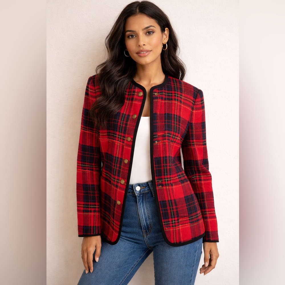 Liz Claiborne Red Plaid Collarless Jacket - Women Blazer ‼️FREE SHIPPING‼️ sz 12
